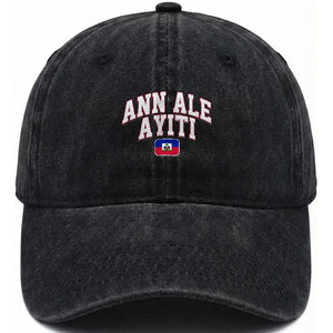 Ann Ale Ayiti Collegiate Athletic Sport Style Washed Cotton Baseball Cap Let's Go Haiti Haitian Flag and Coat of Arms Pride