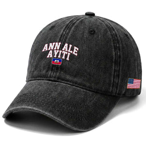 Ann Ale Ayiti Collegiate Athletic Sport Style Washed Cotton Baseball Cap Let's Go Haiti Haitian Flag and Coat of Arms Pride