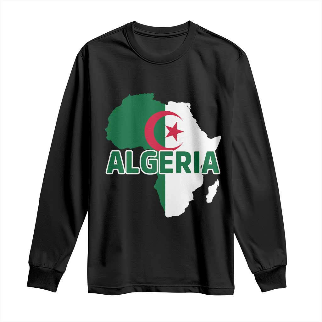 Algeria Algerian Pride Map of Africa Heritage Graphic Long Sleeve Shirt Patriotic North African Roots National Flag