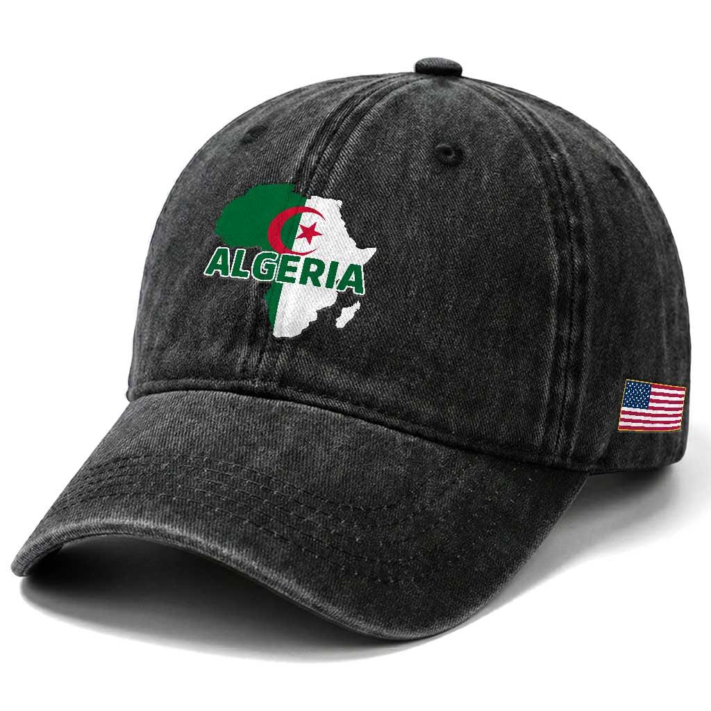 Algeria Algerian Pride Map of Africa Heritage Graphic Washed Cotton Baseball Cap Patriotic North African Roots National Flag