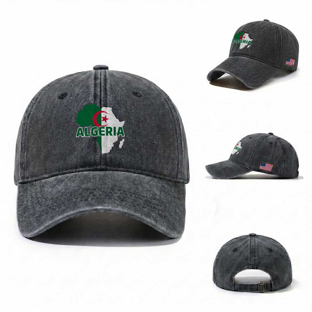 Algeria Algerian Pride Map of Africa Heritage Graphic Washed Cotton Baseball Cap Patriotic North African Roots National Flag