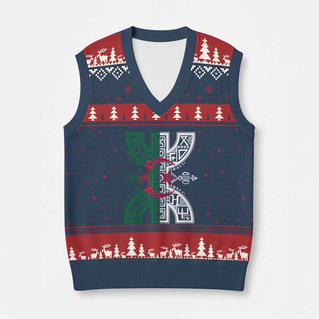 Algeria Amazigh Berber Yaz Symbol Algerian Flag Heritage Graphic V-Neck Knit Sweater Vest Traditional North African Tribal Culture Art TS02 Navy Red Print Your Wear