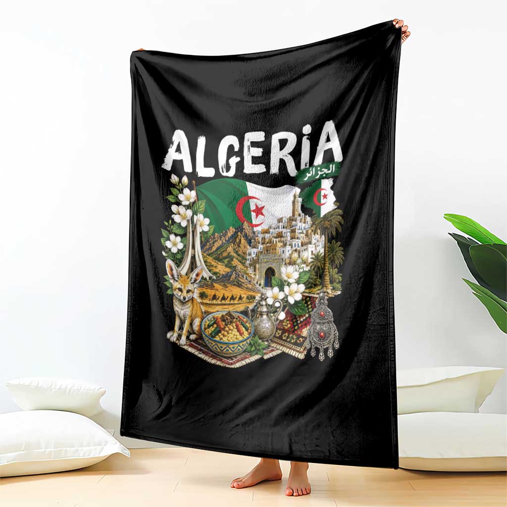 Algeria Algerian Culture and Landmarks Collage Graphic Throw Blanket Proud Fennec Fox Heritage and Arabic Calligraphy TS02 Print Your Wear