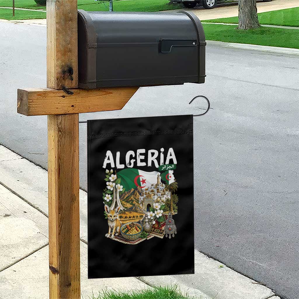 Algeria Algerian Culture and Landmarks Collage Graphic Garden Flag Proud Fennec Fox Heritage and Arabic Calligraphy TS02 Print Your Wear