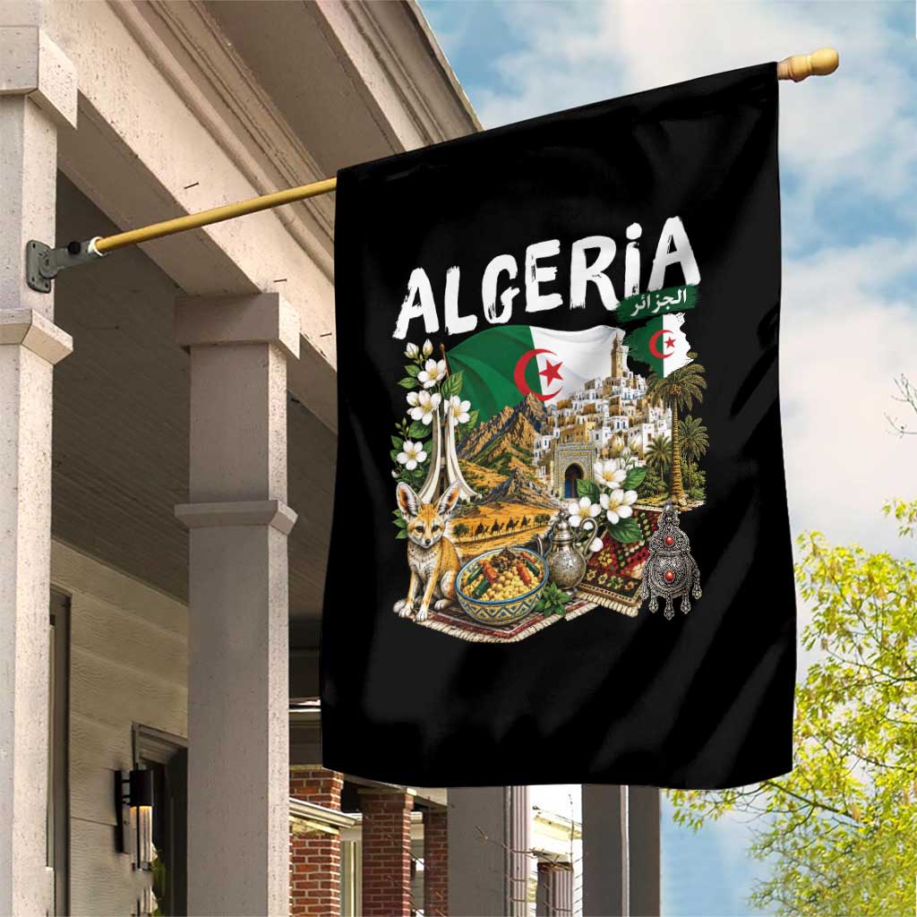 Algeria Algerian Culture and Landmarks Collage Graphic Garden Flag Proud Fennec Fox Heritage and Arabic Calligraphy TS02 Print Your Wear