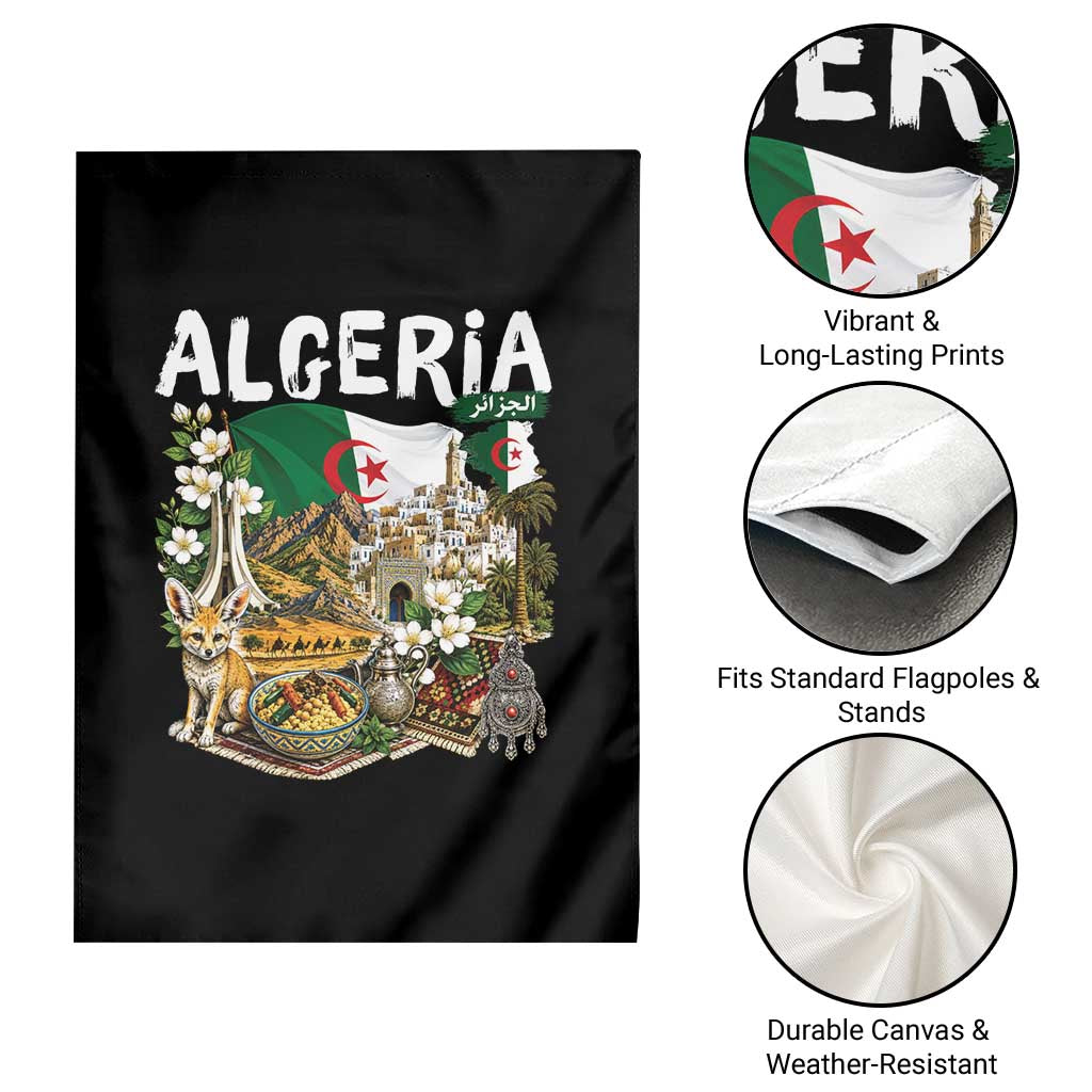 Algeria Algerian Culture and Landmarks Collage Graphic Garden Flag Proud Fennec Fox Heritage and Arabic Calligraphy TS02 Print Your Wear