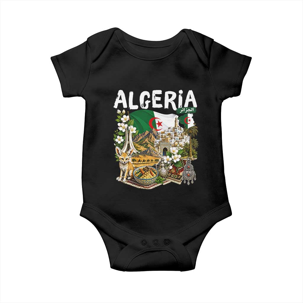 Algeria Algerian Culture and Landmarks Collage Graphic Baby Onesie Proud Fennec Fox Heritage and Arabic Calligraphy