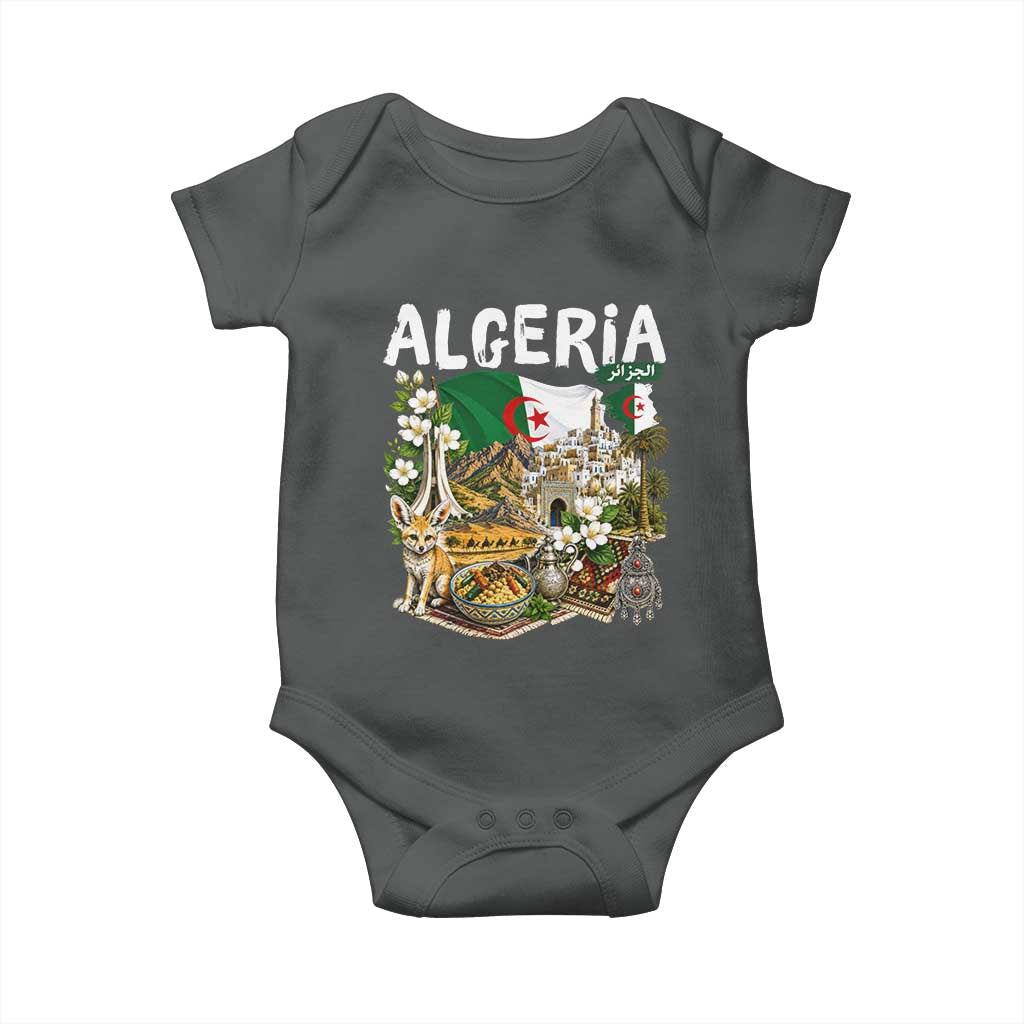 Algeria Algerian Culture and Landmarks Collage Graphic Baby Onesie Proud Fennec Fox Heritage and Arabic Calligraphy