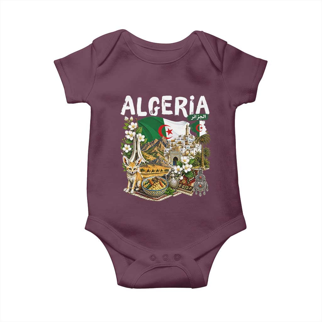 Algeria Algerian Culture and Landmarks Collage Graphic Baby Onesie Proud Fennec Fox Heritage and Arabic Calligraphy