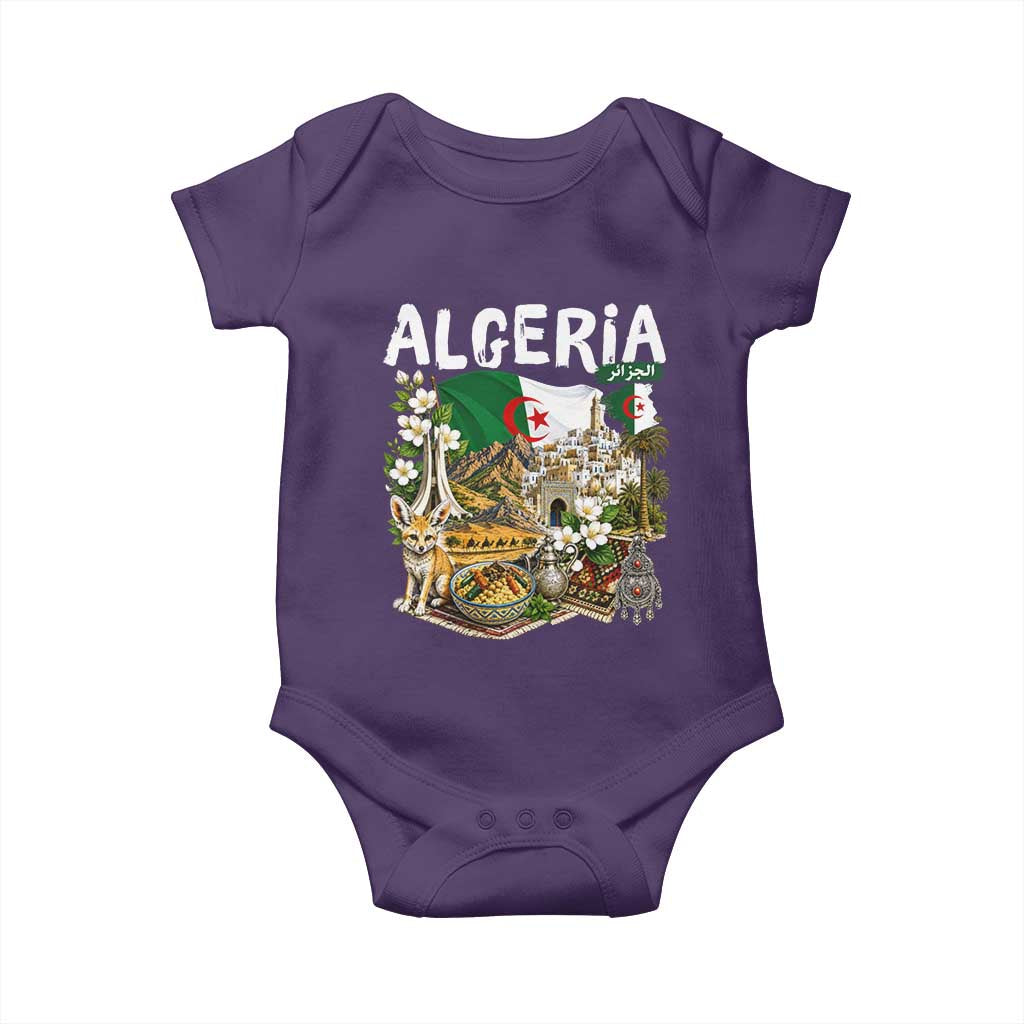 Algeria Algerian Culture and Landmarks Collage Graphic Baby Onesie Proud Fennec Fox Heritage and Arabic Calligraphy