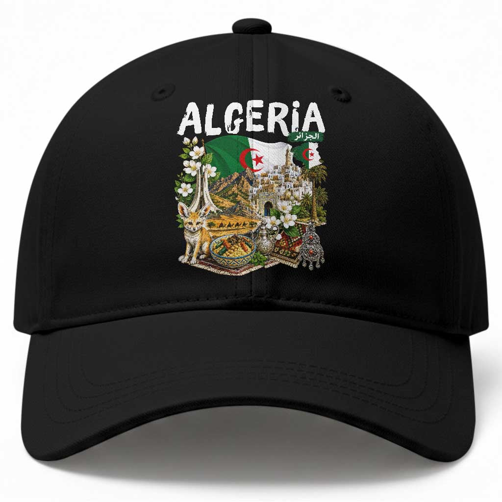 Algeria Algerian Culture and Landmarks Collage Graphic Baseball Cap Proud Fennec Fox Heritage and Arabic Calligraphy