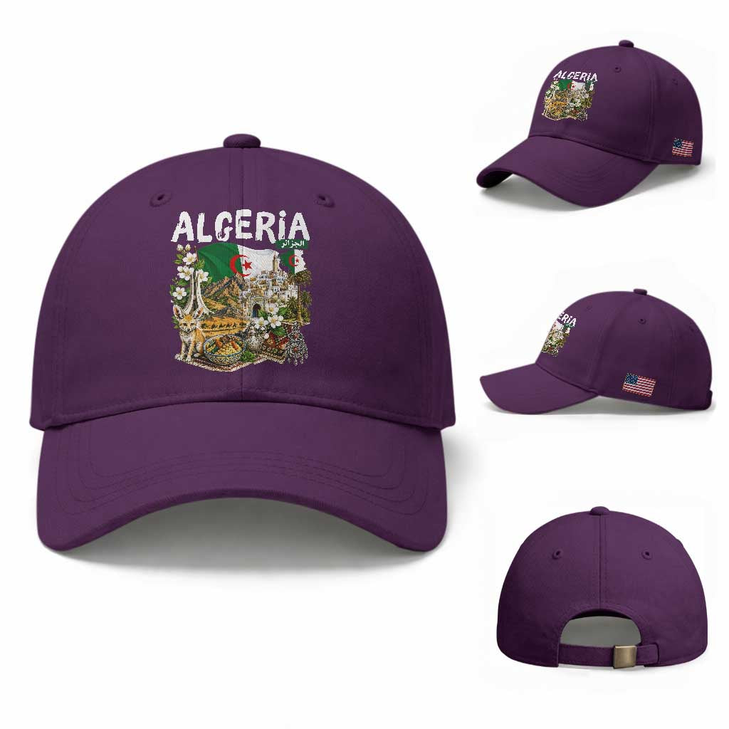 Algeria Algerian Culture and Landmarks Collage Graphic Baseball Cap Proud Fennec Fox Heritage and Arabic Calligraphy