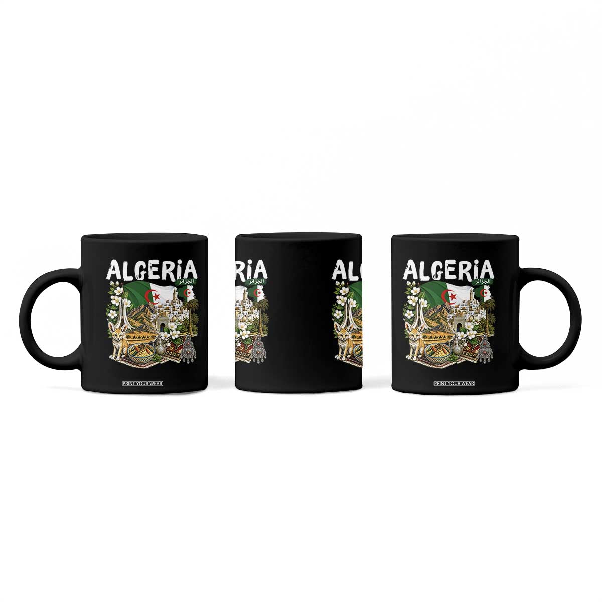 Algeria Algerian Culture and Landmarks Collage Graphic Coffee Mug Proud Fennec Fox Heritage and Arabic Calligraphy TS02 Print Your Wear