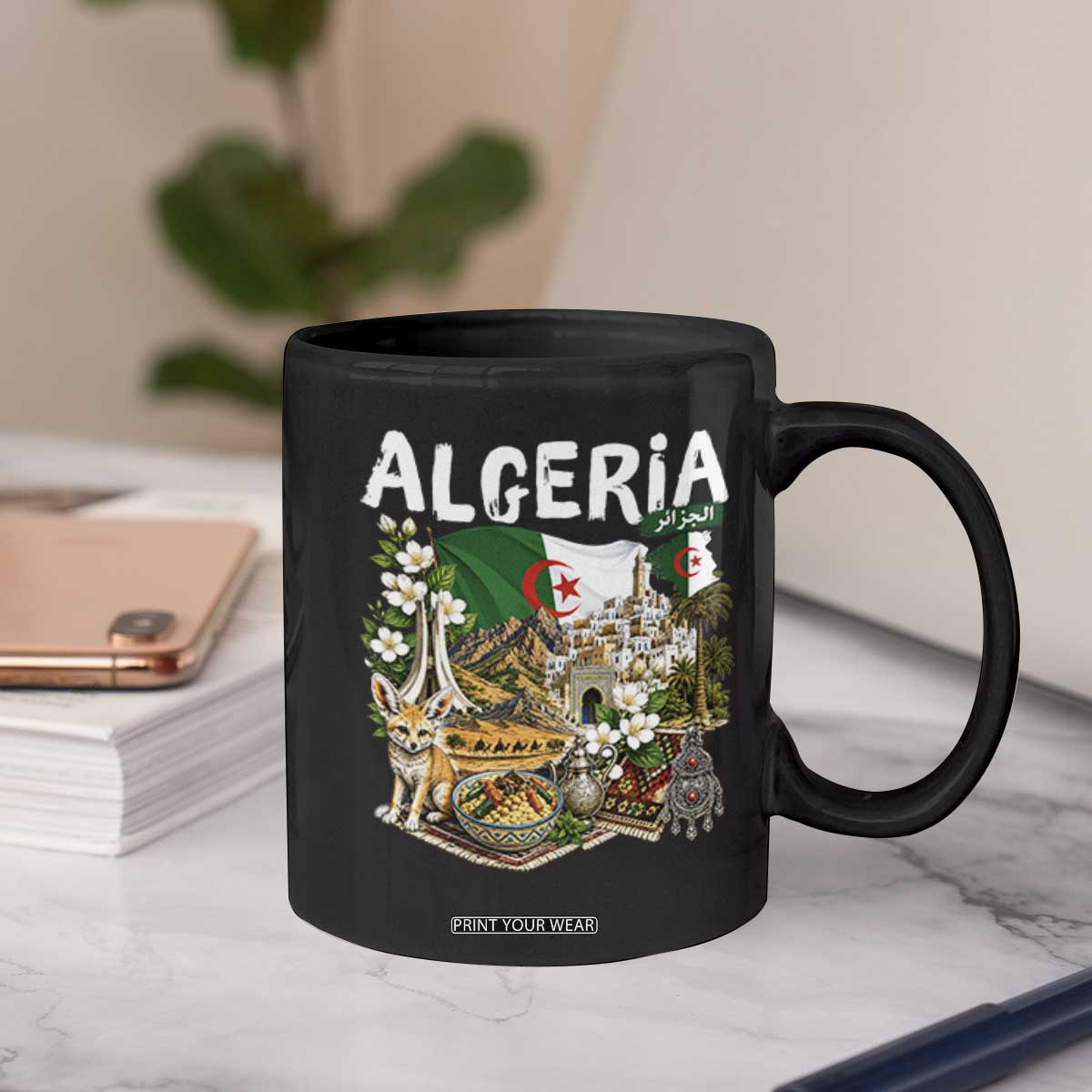 Algeria Algerian Culture and Landmarks Collage Graphic Coffee Mug Proud Fennec Fox Heritage and Arabic Calligraphy TS02 Print Your Wear