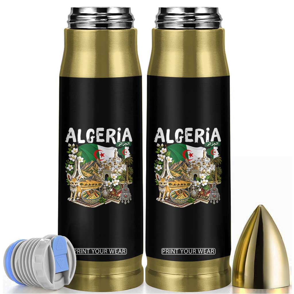 Algeria Algerian Culture and Landmarks Collage Graphic Bullet Tumbler Proud Fennec Fox Heritage and Arabic Calligraphy TS02 Black Print Your Wear