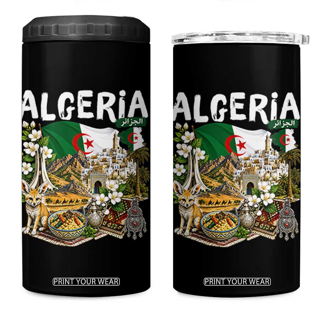Algeria Algerian Culture and Landmarks Collage Graphic 4 in 1 Can Cooler Tumbler Proud Fennec Fox Heritage and Arabic Calligraphy TS02 One Size: 16 oz Black Print Your Wear