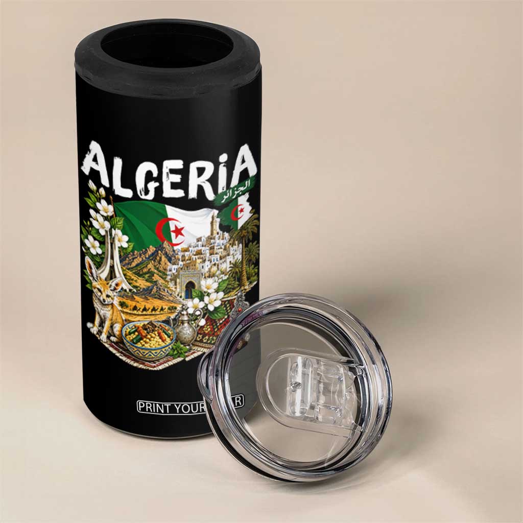 Algeria Algerian Culture and Landmarks Collage Graphic 4 in 1 Can Cooler Tumbler Proud Fennec Fox Heritage and Arabic Calligraphy TS02 Print Your Wear