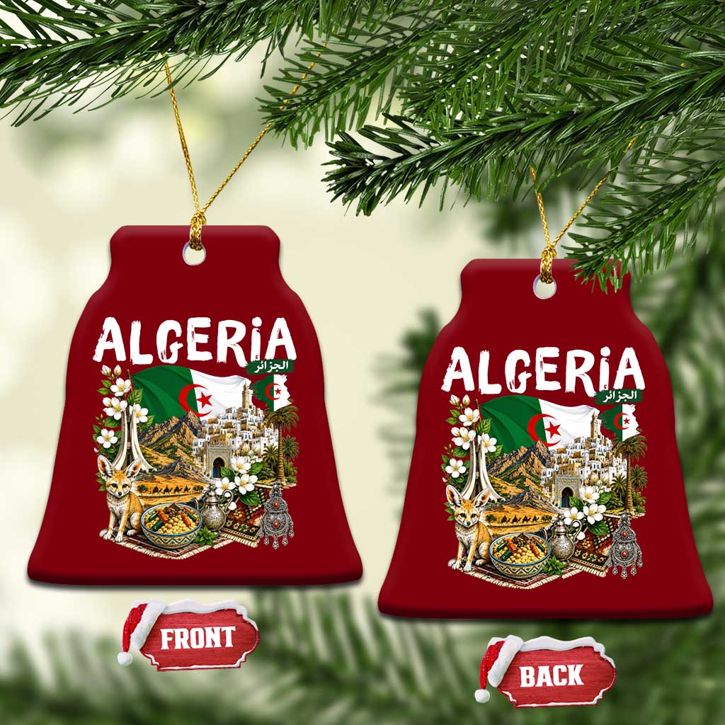 Algeria Algerian Culture and Landmarks Collage Graphic Ceramic Ornament Proud Fennec Fox Heritage and Arabic Calligraphy