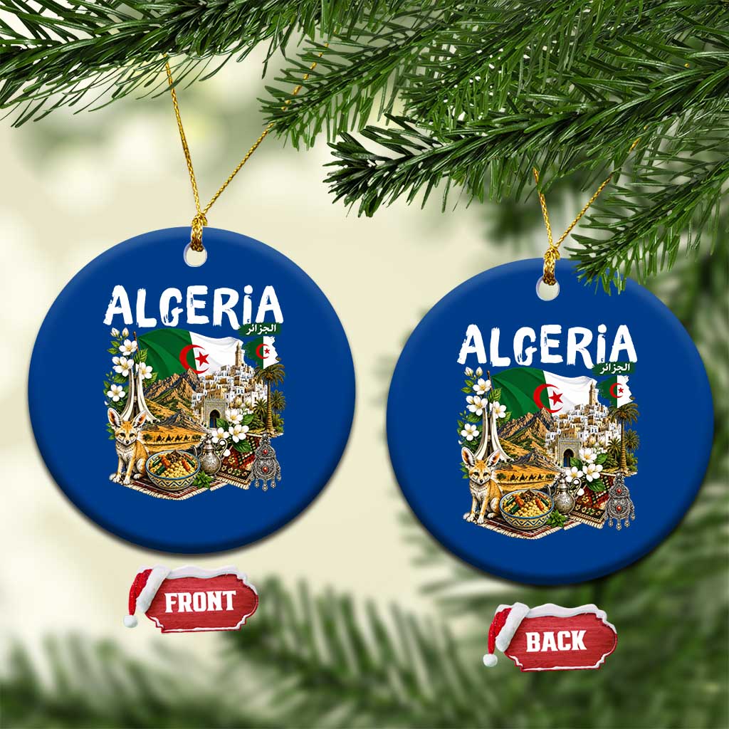Algeria Algerian Culture and Landmarks Collage Graphic Ceramic Ornament Proud Fennec Fox Heritage and Arabic Calligraphy