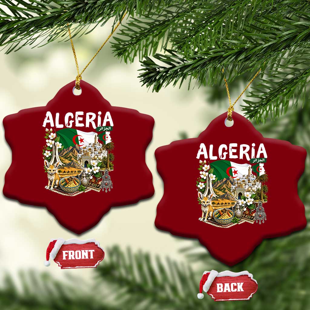 Algeria Algerian Culture and Landmarks Collage Graphic Ceramic Ornament Proud Fennec Fox Heritage and Arabic Calligraphy