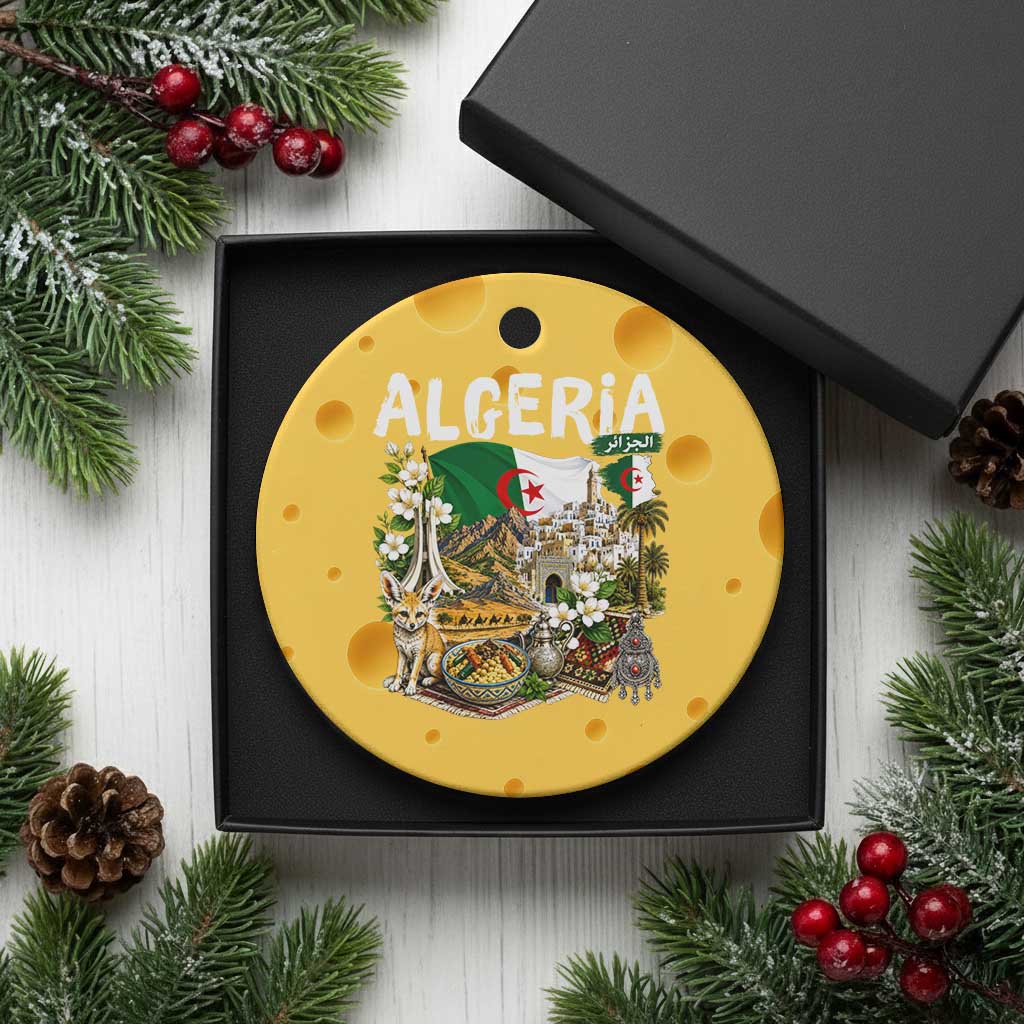 Algeria Algerian Culture and Landmarks Collage Graphic Ceramic Ornament Proud Fennec Fox Heritage and Arabic Calligraphy