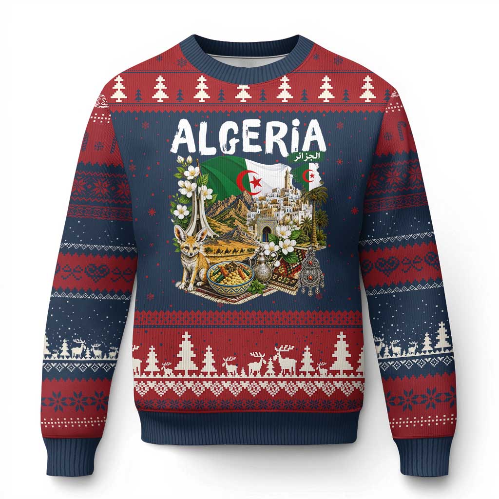 Algeria Algerian Culture and Landmarks Collage Graphic Ugly Christmas Sweater Proud Fennec Fox Heritage and Arabic Calligraphy