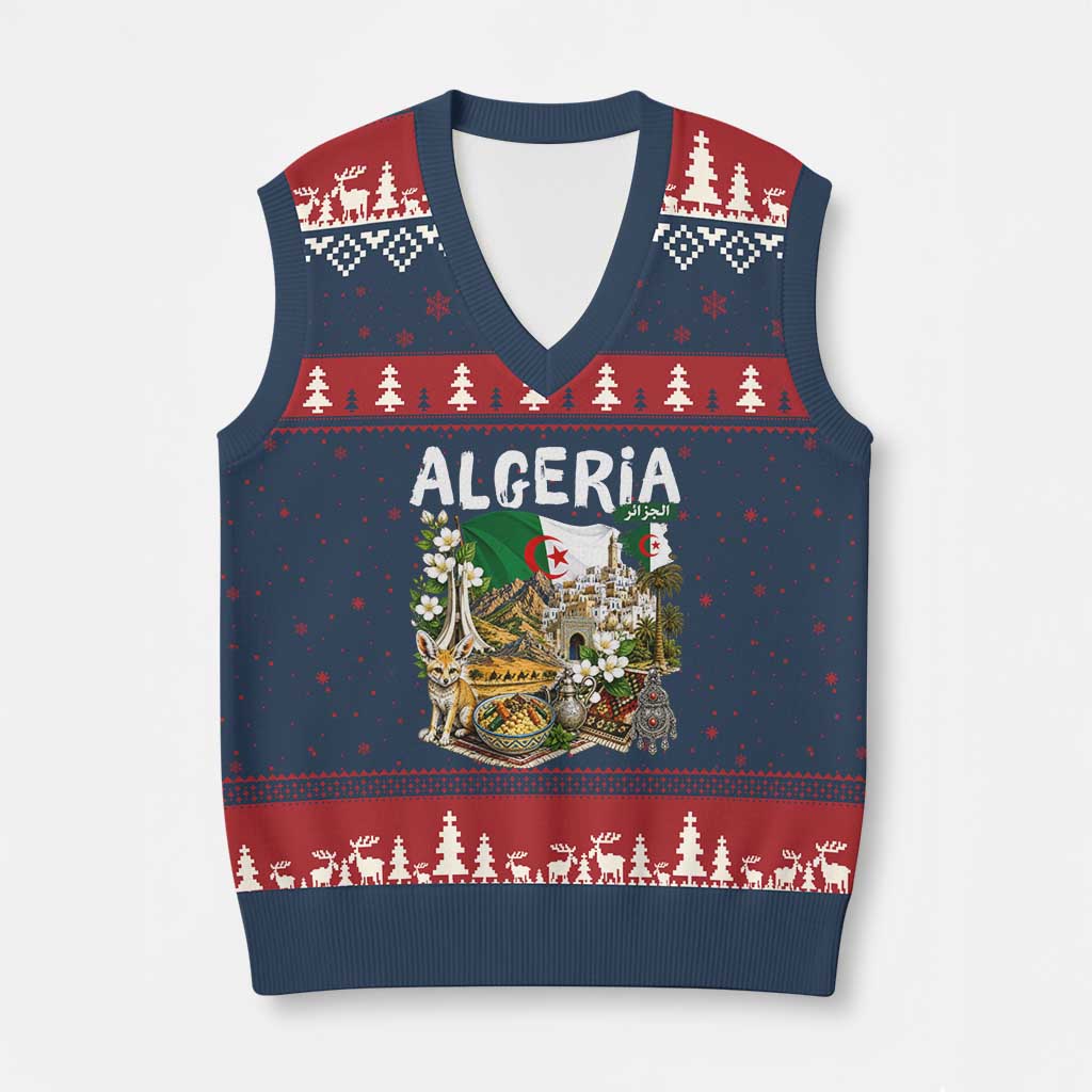 Algeria Algerian Culture and Landmarks Collage Graphic V-Neck Knit Sweater Vest Proud Fennec Fox Heritage and Arabic Calligraphy