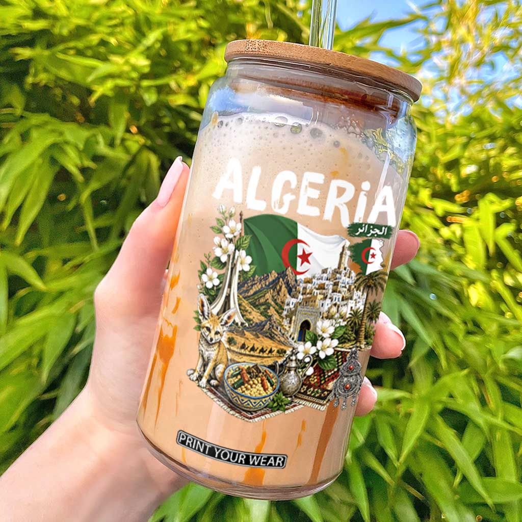 Algeria Algerian Culture and Landmarks Collage Graphic Glass Can Proud Fennec Fox Heritage and Arabic Calligraphy TS02 Black Print Your Wear
