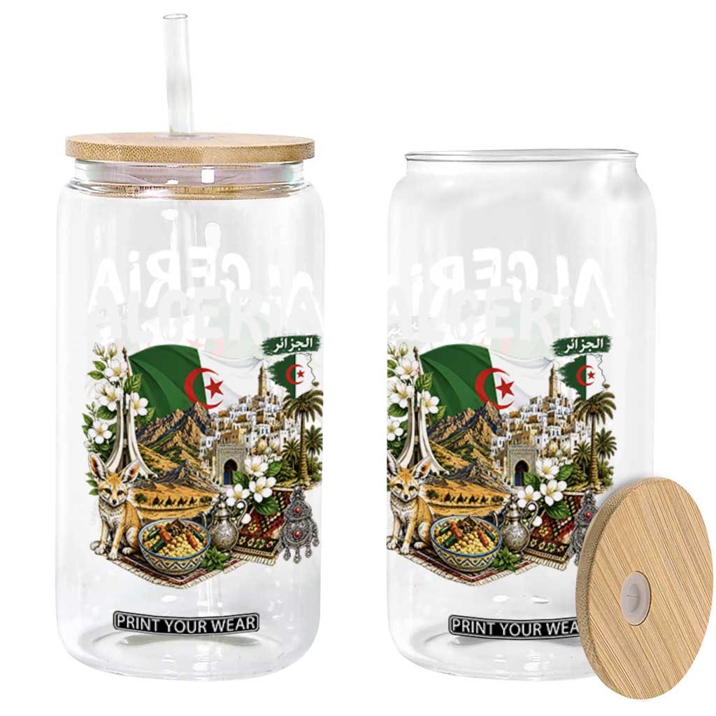Algeria Algerian Culture and Landmarks Collage Graphic Glass Can Proud Fennec Fox Heritage and Arabic Calligraphy TS02 Print Your Wear