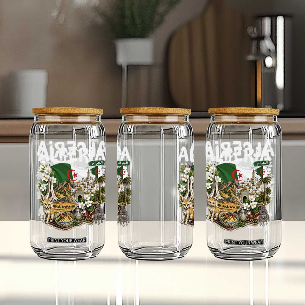 Algeria Algerian Culture and Landmarks Collage Graphic Glass Can Proud Fennec Fox Heritage and Arabic Calligraphy TS02 Print Your Wear