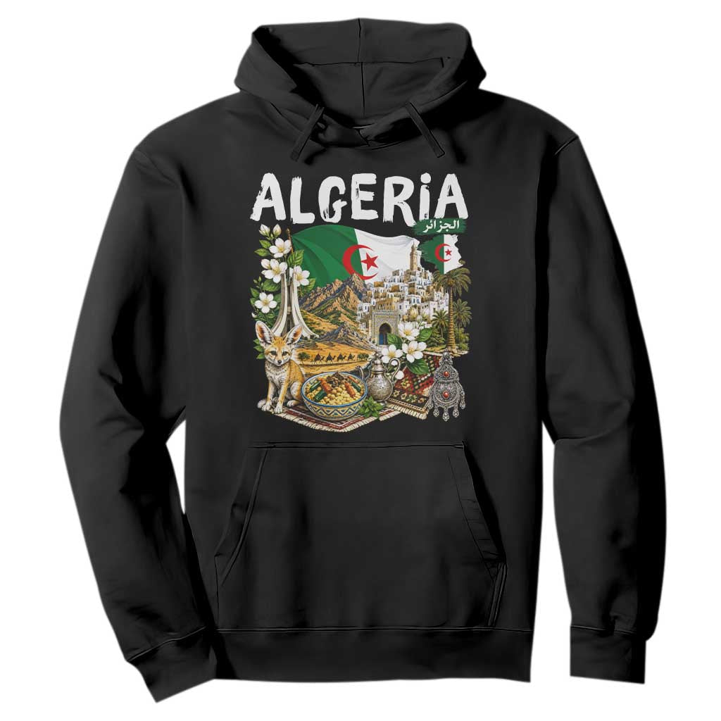 Algeria Algerian Culture and Landmarks Collage Graphic Hoodie Proud Fennec Fox Heritage and Arabic Calligraphy TS02 Black Print Your Wear
