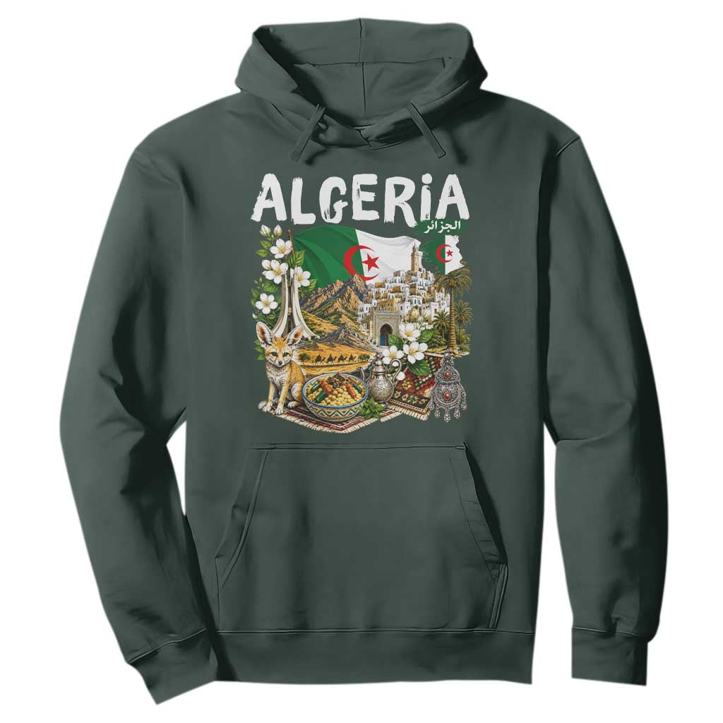Algeria Algerian Culture and Landmarks Collage Graphic Hoodie Proud Fennec Fox Heritage and Arabic Calligraphy