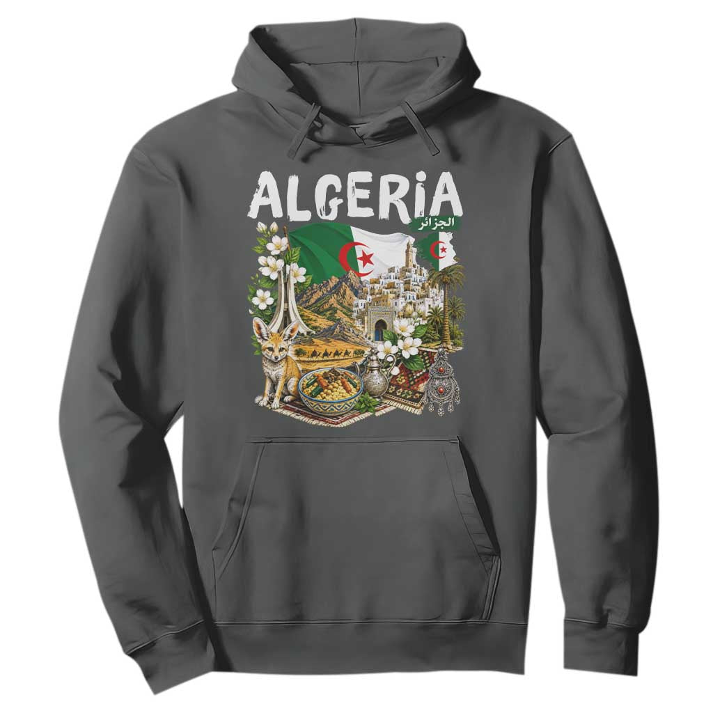 Algeria Algerian Culture and Landmarks Collage Graphic Hoodie Proud Fennec Fox Heritage and Arabic Calligraphy
