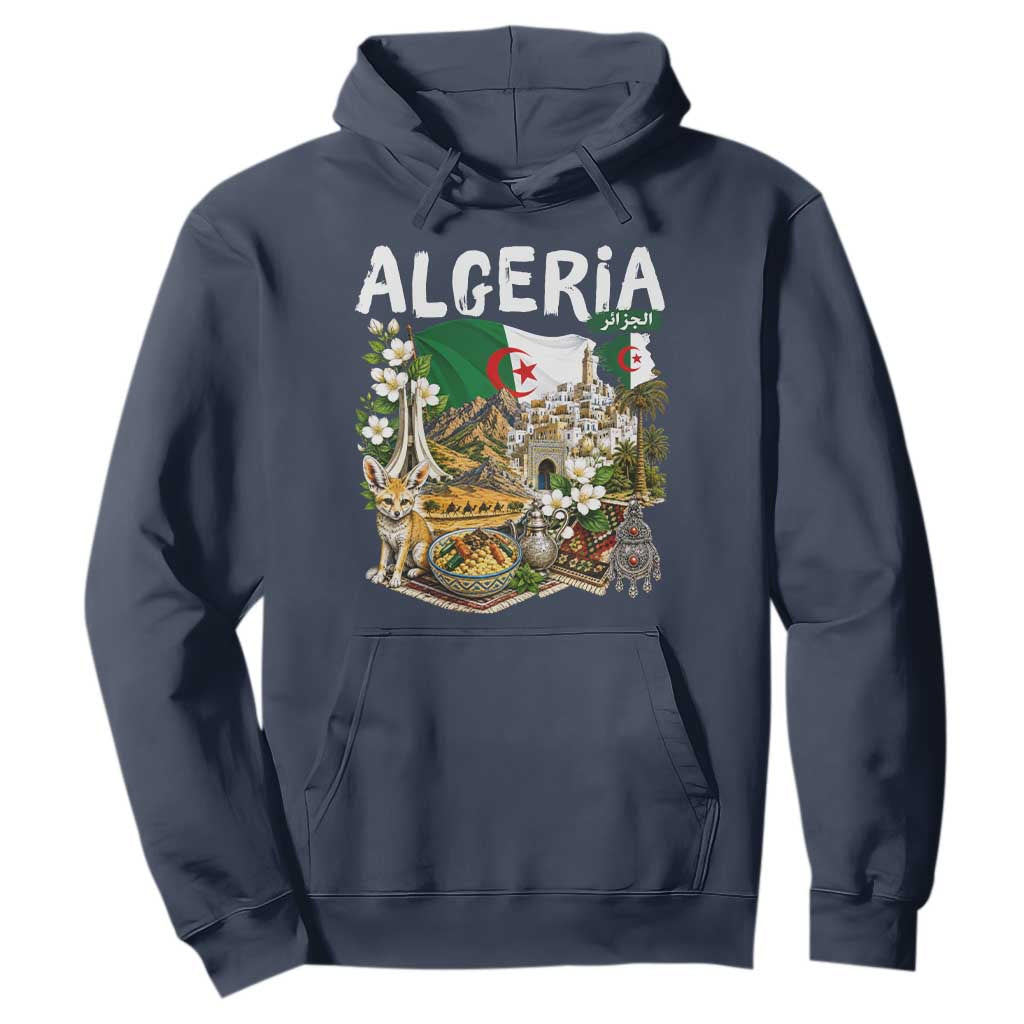 Algeria Algerian Culture and Landmarks Collage Graphic Hoodie Proud Fennec Fox Heritage and Arabic Calligraphy