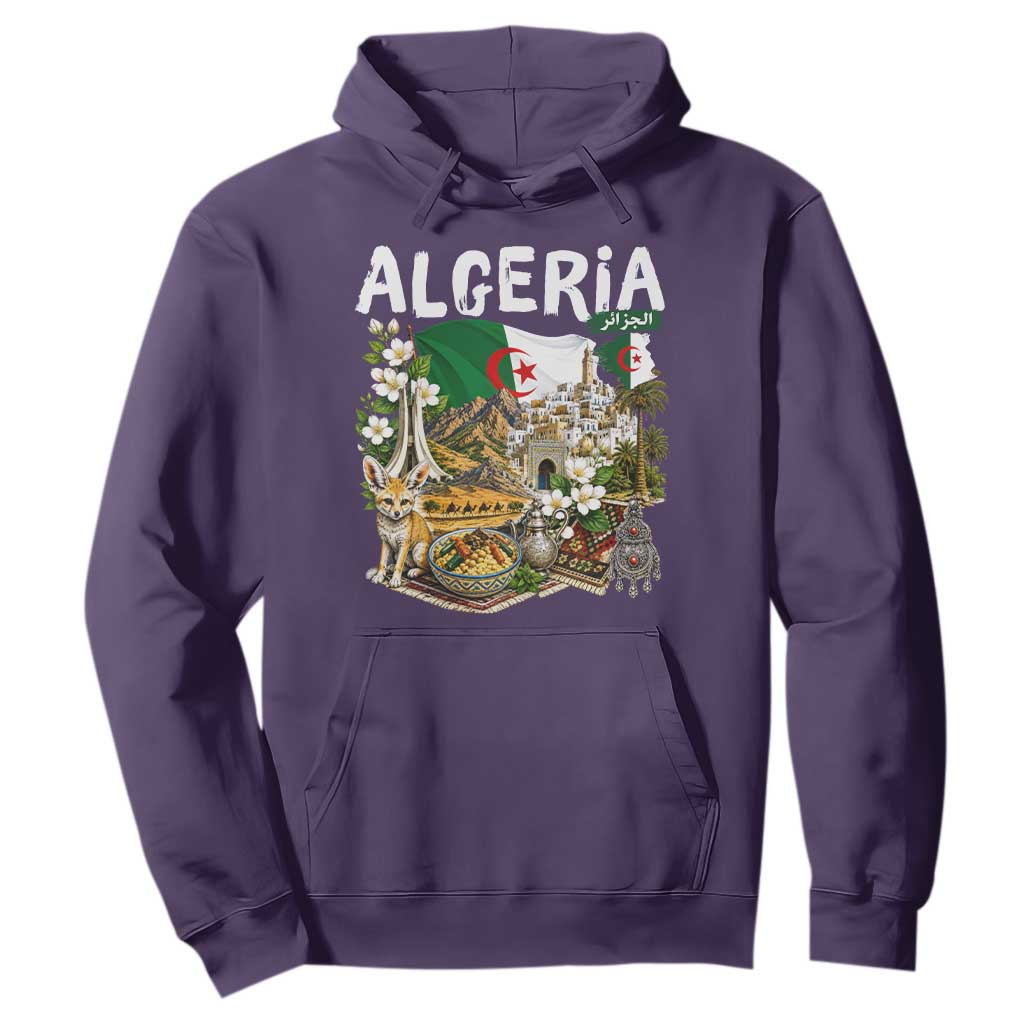 Algeria Algerian Culture and Landmarks Collage Graphic Hoodie Proud Fennec Fox Heritage and Arabic Calligraphy