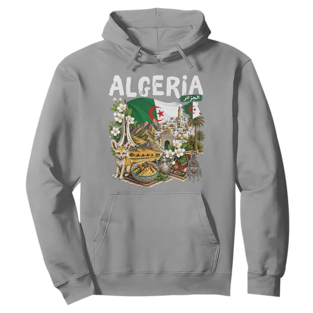 Algeria Algerian Culture and Landmarks Collage Graphic Hoodie Proud Fennec Fox Heritage and Arabic Calligraphy