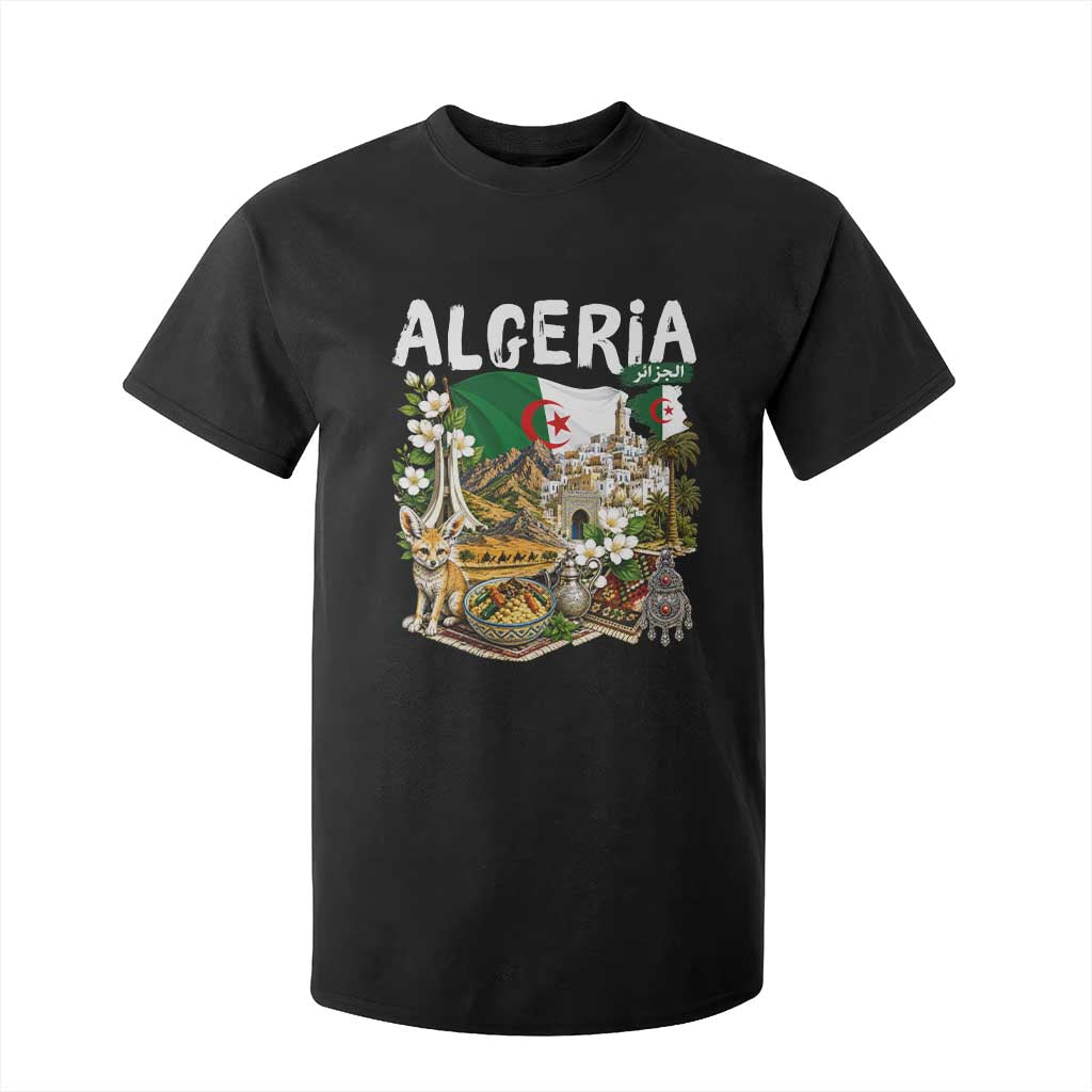 Algeria Algerian Culture and Landmarks Collage Graphic T Shirt For Kid Proud Fennec Fox Heritage and Arabic Calligraphy TS02 Black Print Your Wear