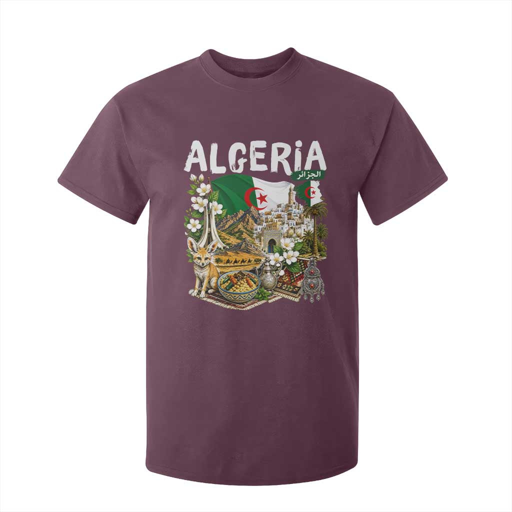 Algeria Algerian Culture and Landmarks Collage Graphic T Shirt For Kid Proud Fennec Fox Heritage and Arabic Calligraphy