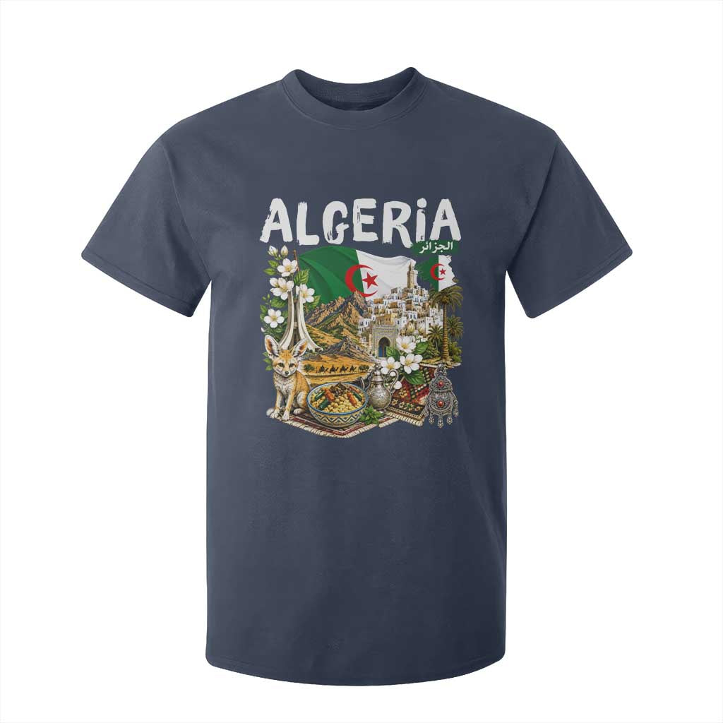 Algeria Algerian Culture and Landmarks Collage Graphic T Shirt For Kid Proud Fennec Fox Heritage and Arabic Calligraphy