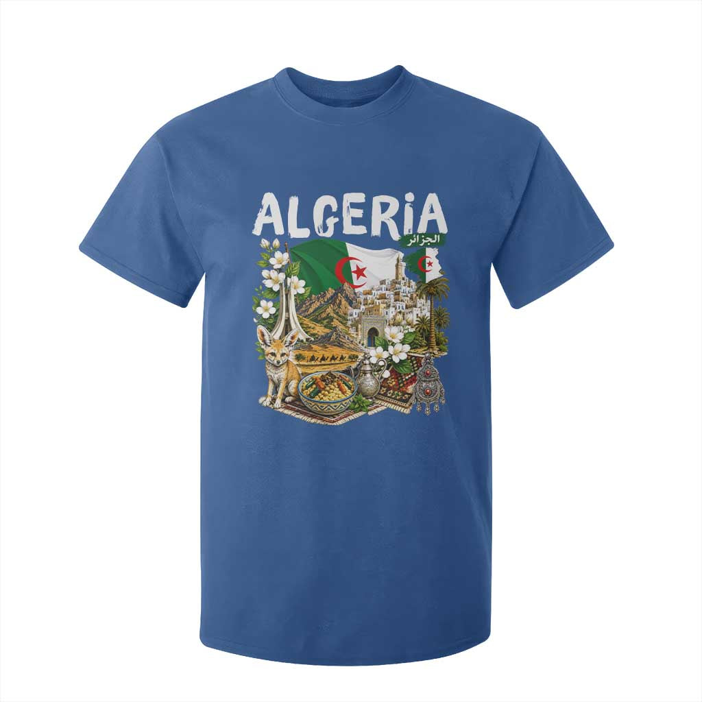 Algeria Algerian Culture and Landmarks Collage Graphic T Shirt For Kid Proud Fennec Fox Heritage and Arabic Calligraphy