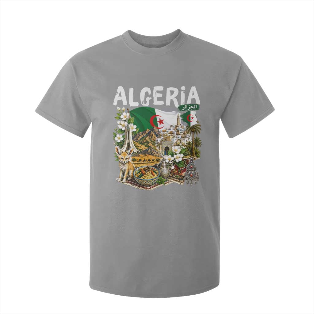 Algeria Algerian Culture and Landmarks Collage Graphic T Shirt For Kid Proud Fennec Fox Heritage and Arabic Calligraphy