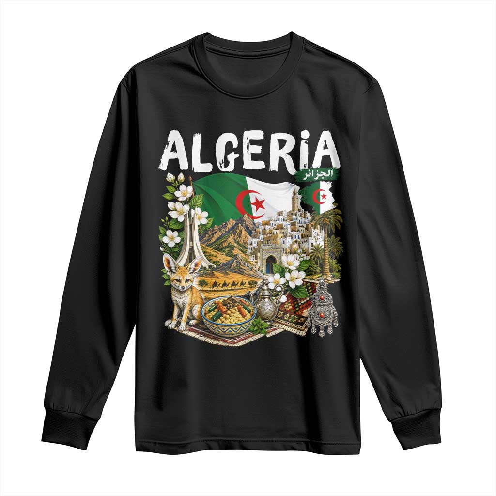 Algeria Algerian Culture and Landmarks Collage Graphic Long Sleeve Shirt Proud Fennec Fox Heritage and Arabic Calligraphy
