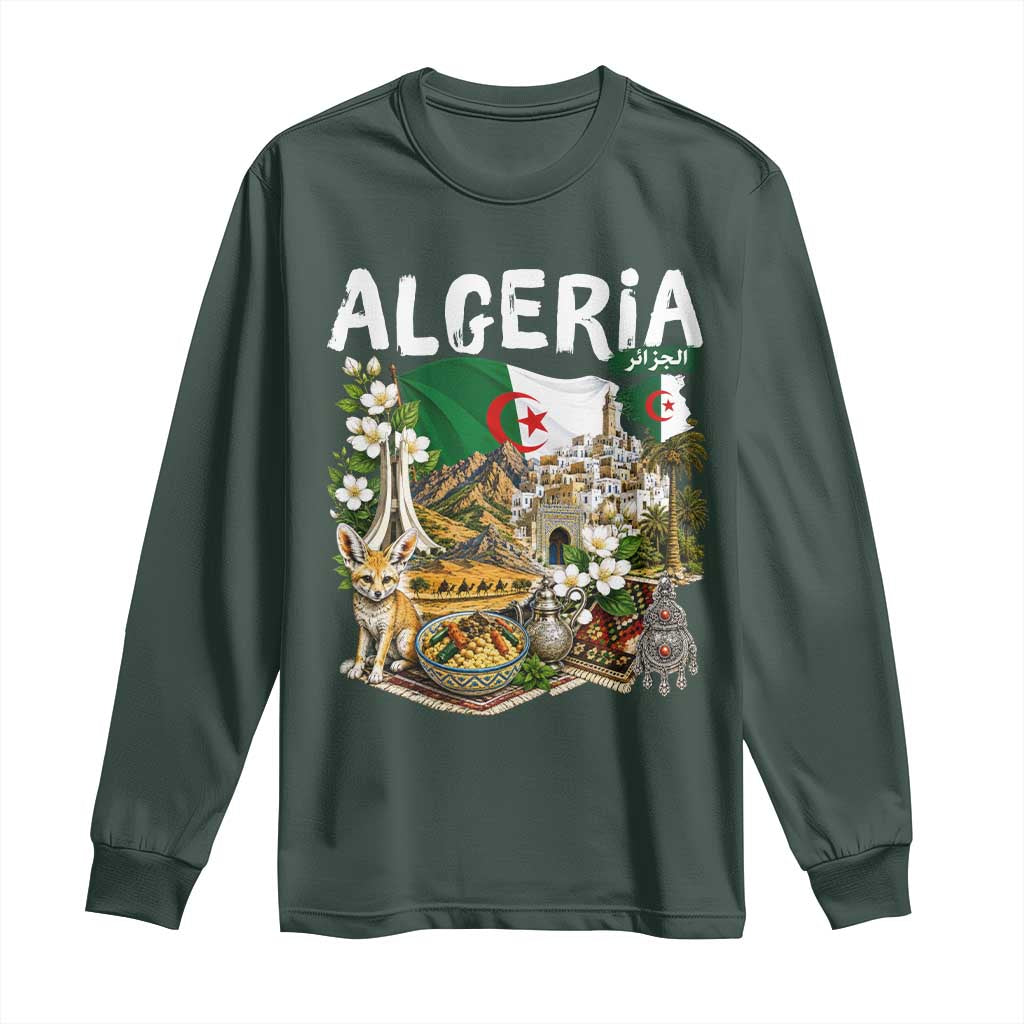 Algeria Algerian Culture and Landmarks Collage Graphic Long Sleeve Shirt Proud Fennec Fox Heritage and Arabic Calligraphy