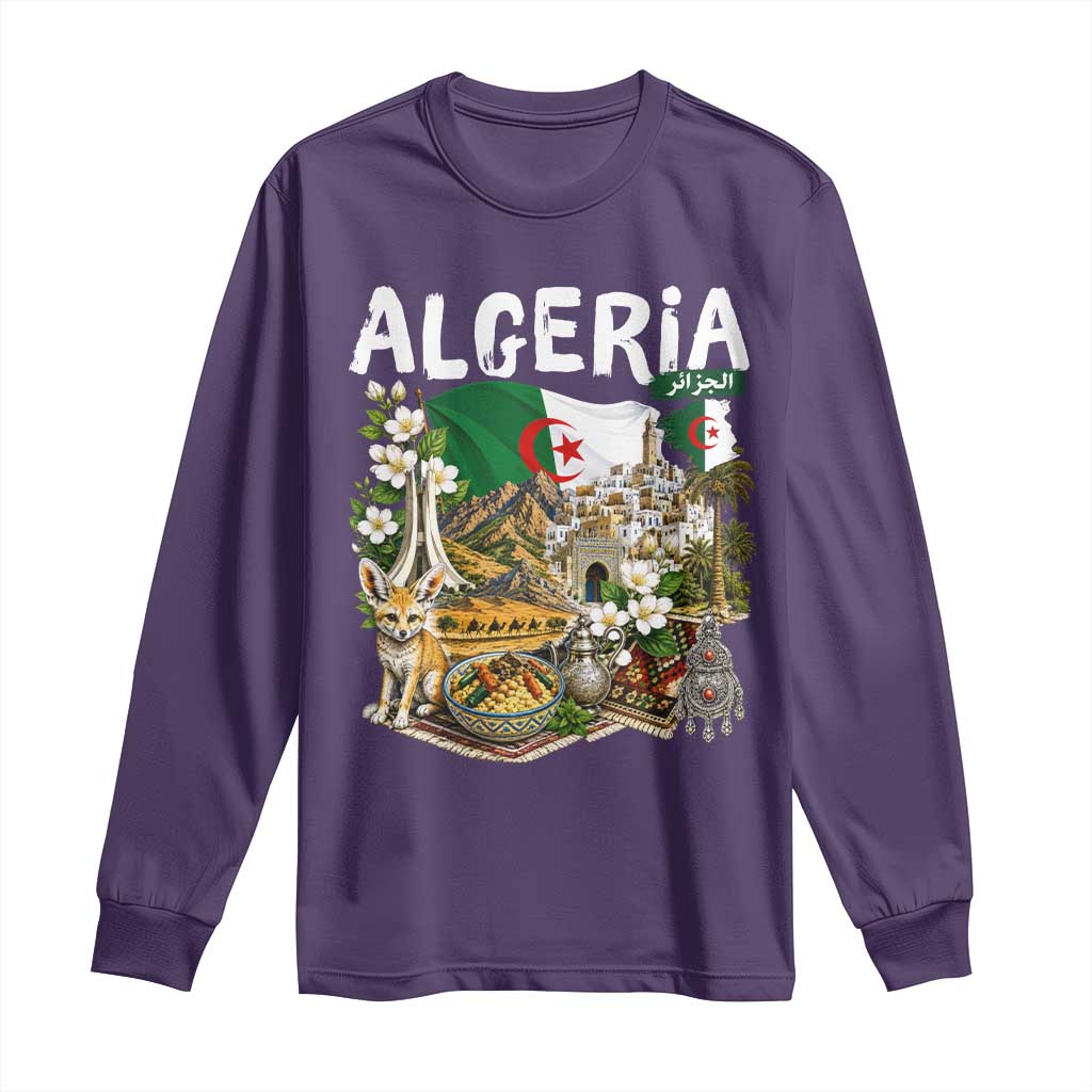 Algeria Algerian Culture and Landmarks Collage Graphic Long Sleeve Shirt Proud Fennec Fox Heritage and Arabic Calligraphy