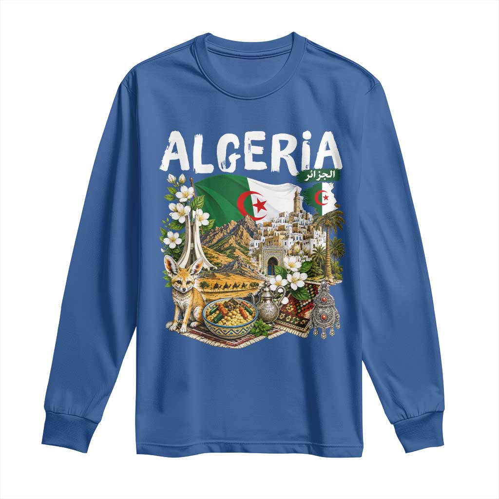 Algeria Algerian Culture and Landmarks Collage Graphic Long Sleeve Shirt Proud Fennec Fox Heritage and Arabic Calligraphy
