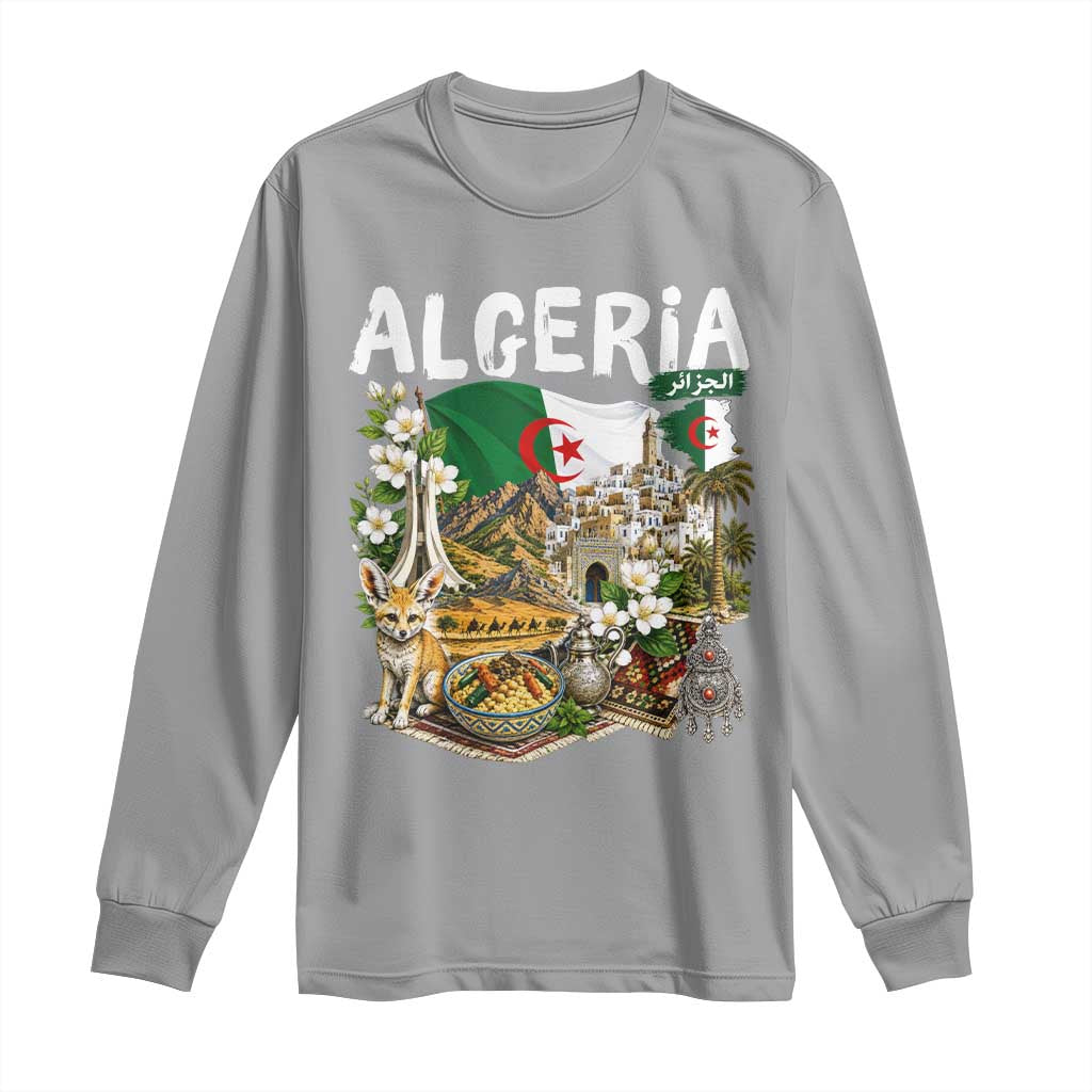 Algeria Algerian Culture and Landmarks Collage Graphic Long Sleeve Shirt Proud Fennec Fox Heritage and Arabic Calligraphy