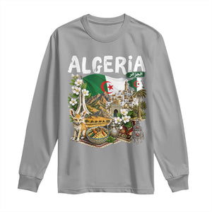 Algeria Algerian Culture and Landmarks Collage Graphic Long Sleeve Shirt Proud Fennec Fox Heritage and Arabic Calligraphy