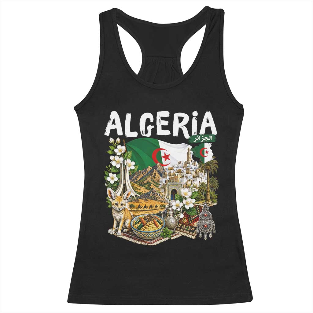 Algeria Algerian Culture and Landmarks Collage Graphic Racerback Tank Top Proud Fennec Fox Heritage and Arabic Calligraphy
