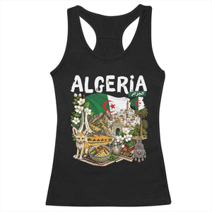 Algeria Algerian Culture and Landmarks Collage Graphic Racerback Tank Top Proud Fennec Fox Heritage and Arabic Calligraphy