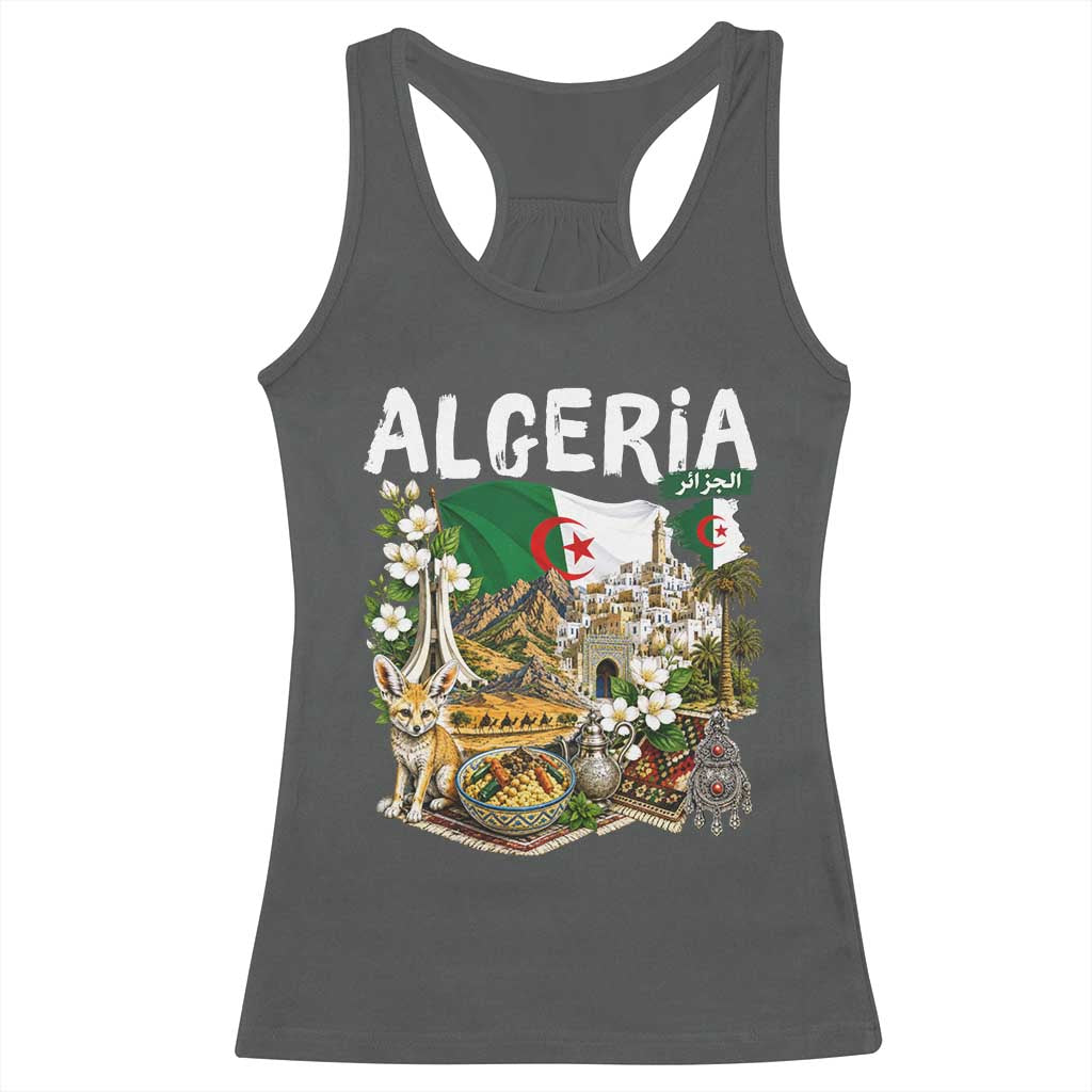 Algeria Algerian Culture and Landmarks Collage Graphic Racerback Tank Top Proud Fennec Fox Heritage and Arabic Calligraphy